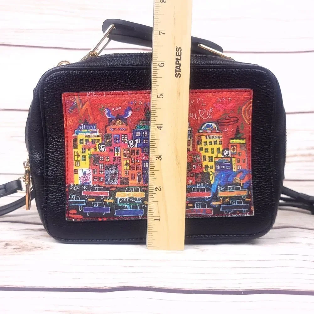 Derimod Small Black Red Faux Leather Crossbody Bag Cityscape Box Purse